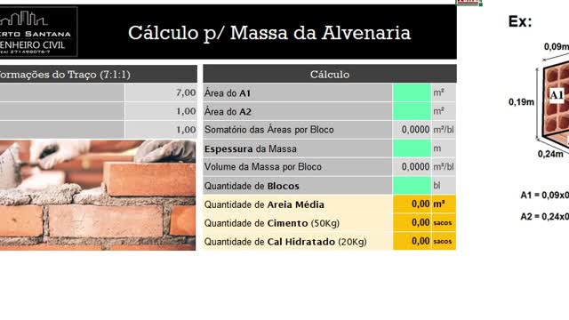 Planilha de Material de Construção (Reboco, Contrapiso, Telhado, Concreto, Massa da Alvenaria, etc.