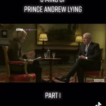Prince Andrew lying to a reporter about visiting Epstein Island with a clip of the truth playing in the back
