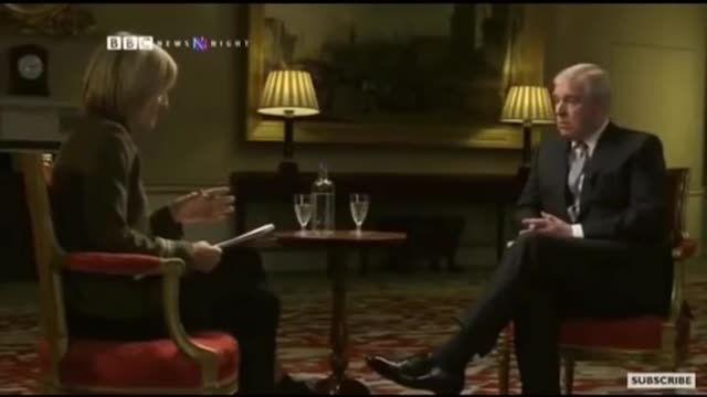 Prince Andrew lying to a reporter about visiting Epstein Island with a clip of the truth playing in the back