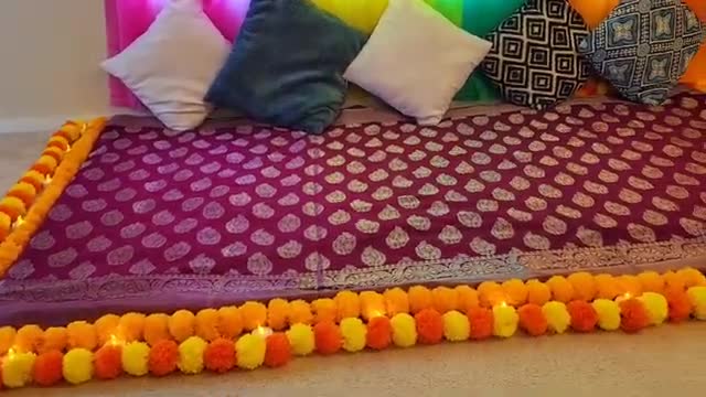 Budget friendly Haldi Mehandi decoration idea using table cover/ Festival/ Pooja backdrop DIY