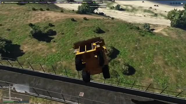 Jumpingover themilitary base.. inadump truck... GTA