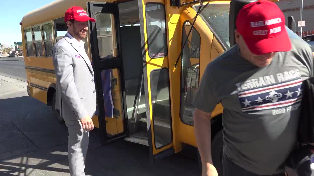 Man going around in a bus taking Homeless people to Vote Trump!