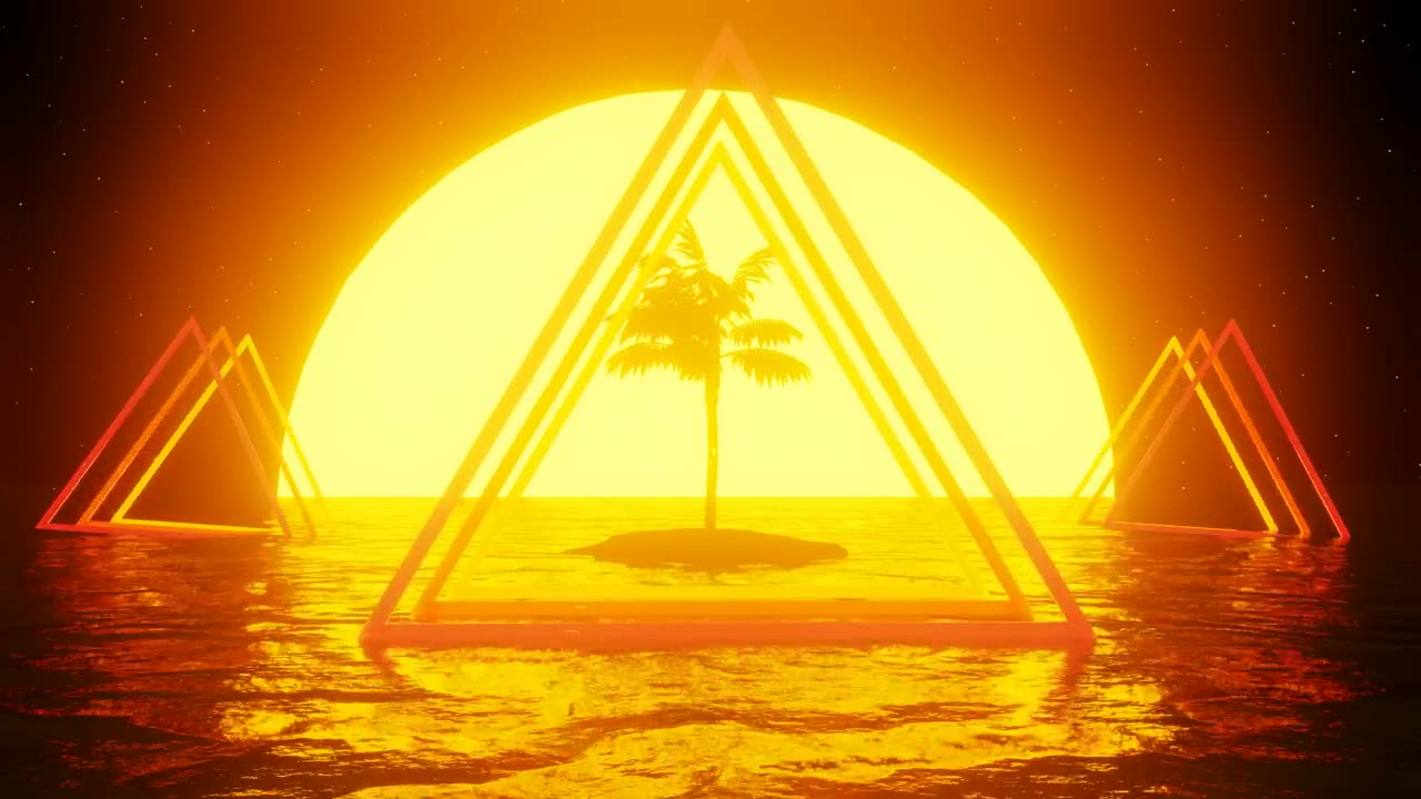 Redered VHS style triangles over palm island with sunset