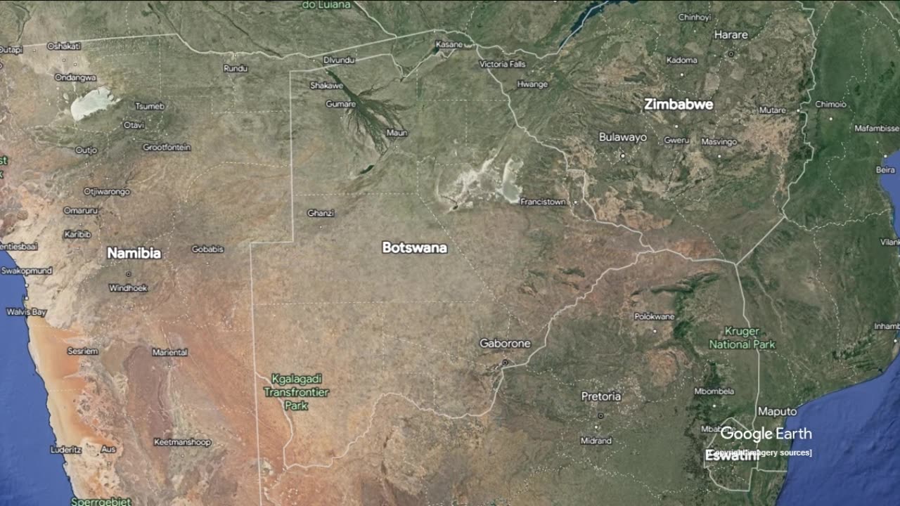 "Botswana Revealed: Google Earth's Breathtaking 57,503km Zoom! 🇧🇼🔍"