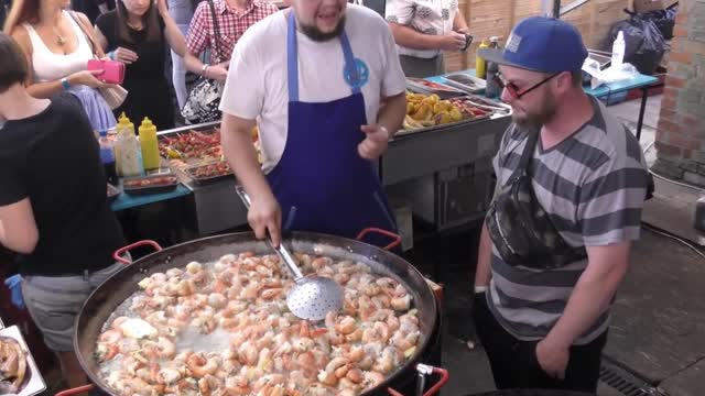 Grilled eggplant and fried shrimp, Kiev street food