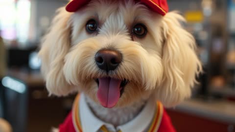 Maltese Dog wearing Mcdonald uniform