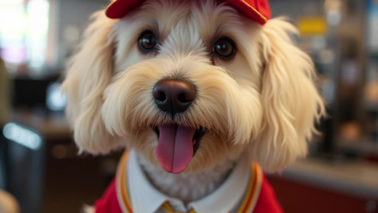 Maltese Dog wearing Mcdonald uniform