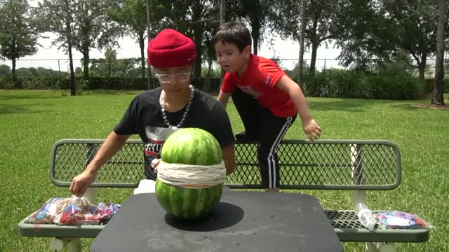 WATERMELON vs 500 RUBBER BANDS funny challenge w lil brother