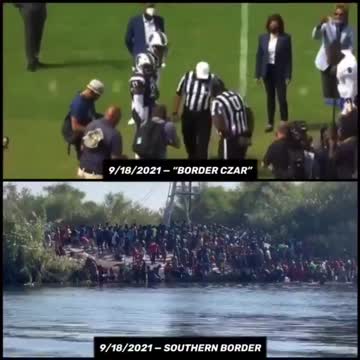 Border Czar Kamala Harris flips a coin at a football game as thousands cross the Rio Grande