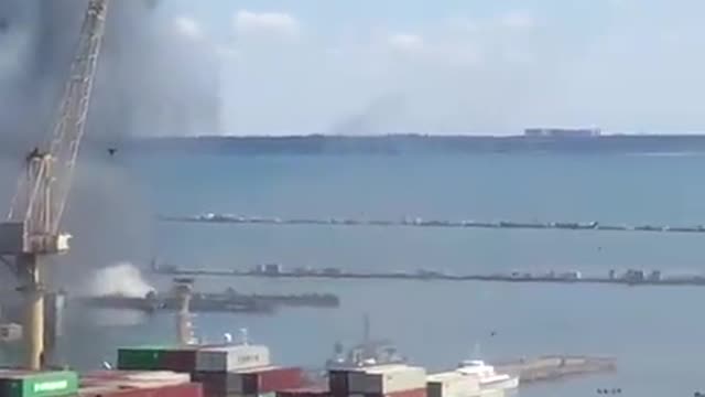 The moment the Russian missile struck the port in Odesa today.