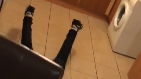 Nsfw black shirt drunk guy punches trash can in kitchen and falls down