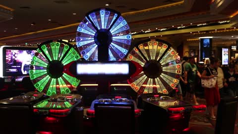 A colorful slot machine in action at the MGM in Las Vegas.