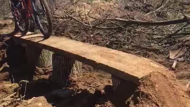 Guy red shirt white shorts tries to ride bike over wood falls off falls into branches