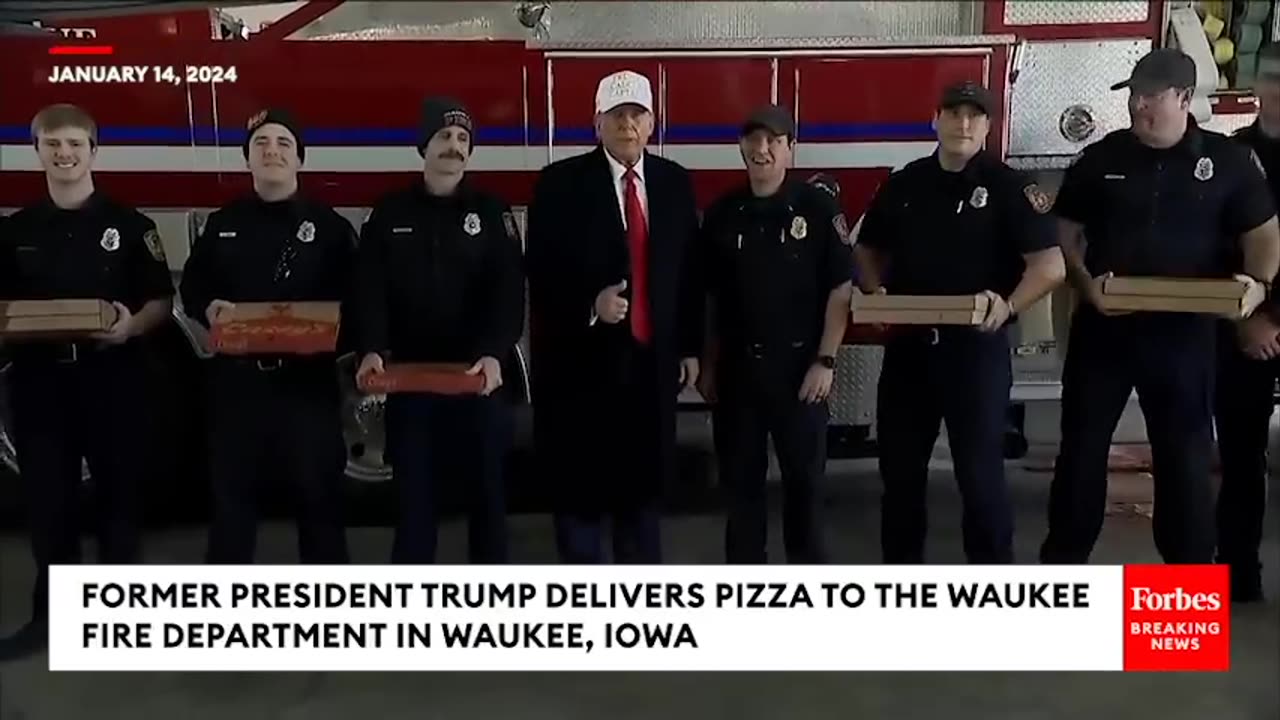 WATCH- Former President Trump Delivers Pizza To Iowa Firefighters