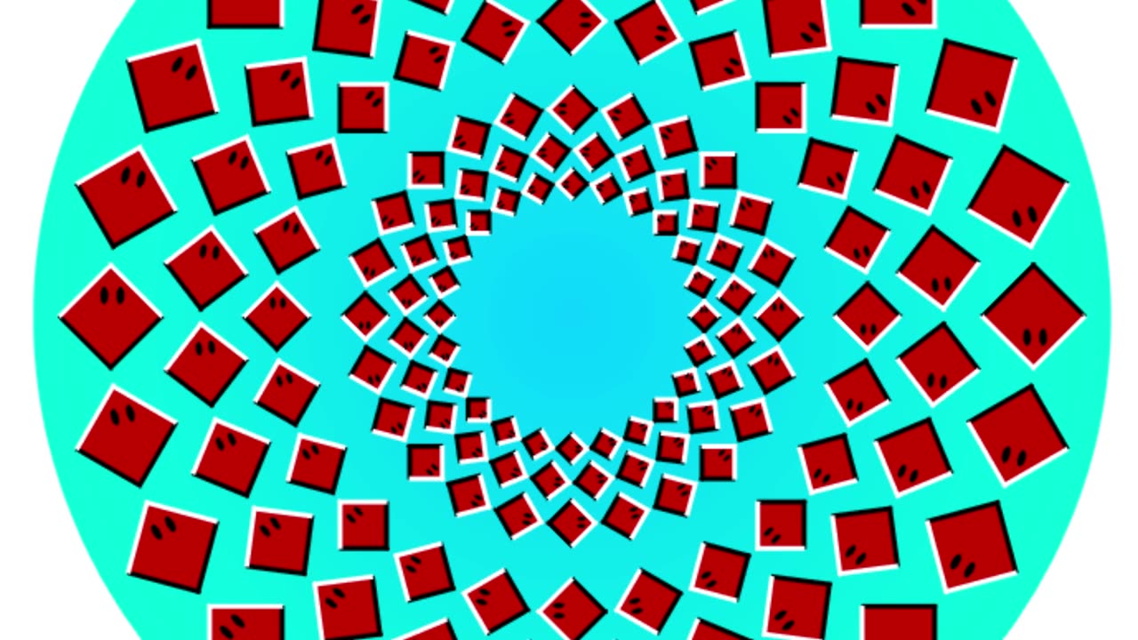 An optical illusion. Rotating rings of red squares in a turquoise circle.