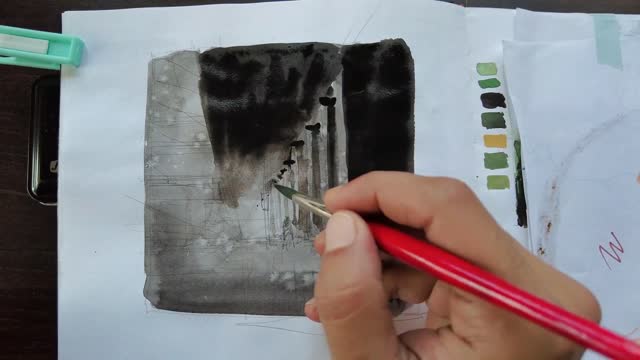 Teach you how to paint a lonely and silent subway station with watercolor 4