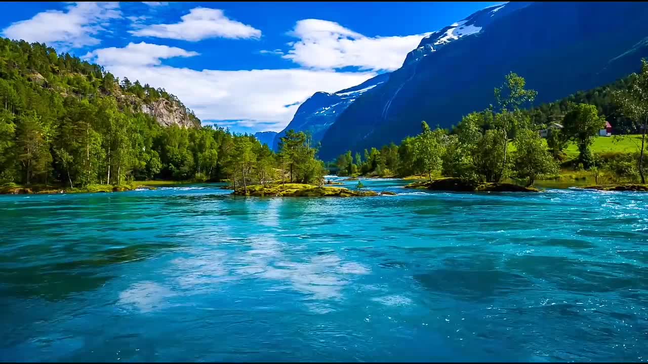 Beautiful river water flowing with natural mountain scenery