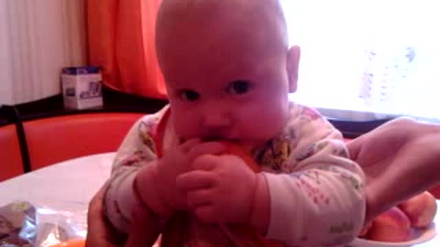 The child tastes a peach for the first time.