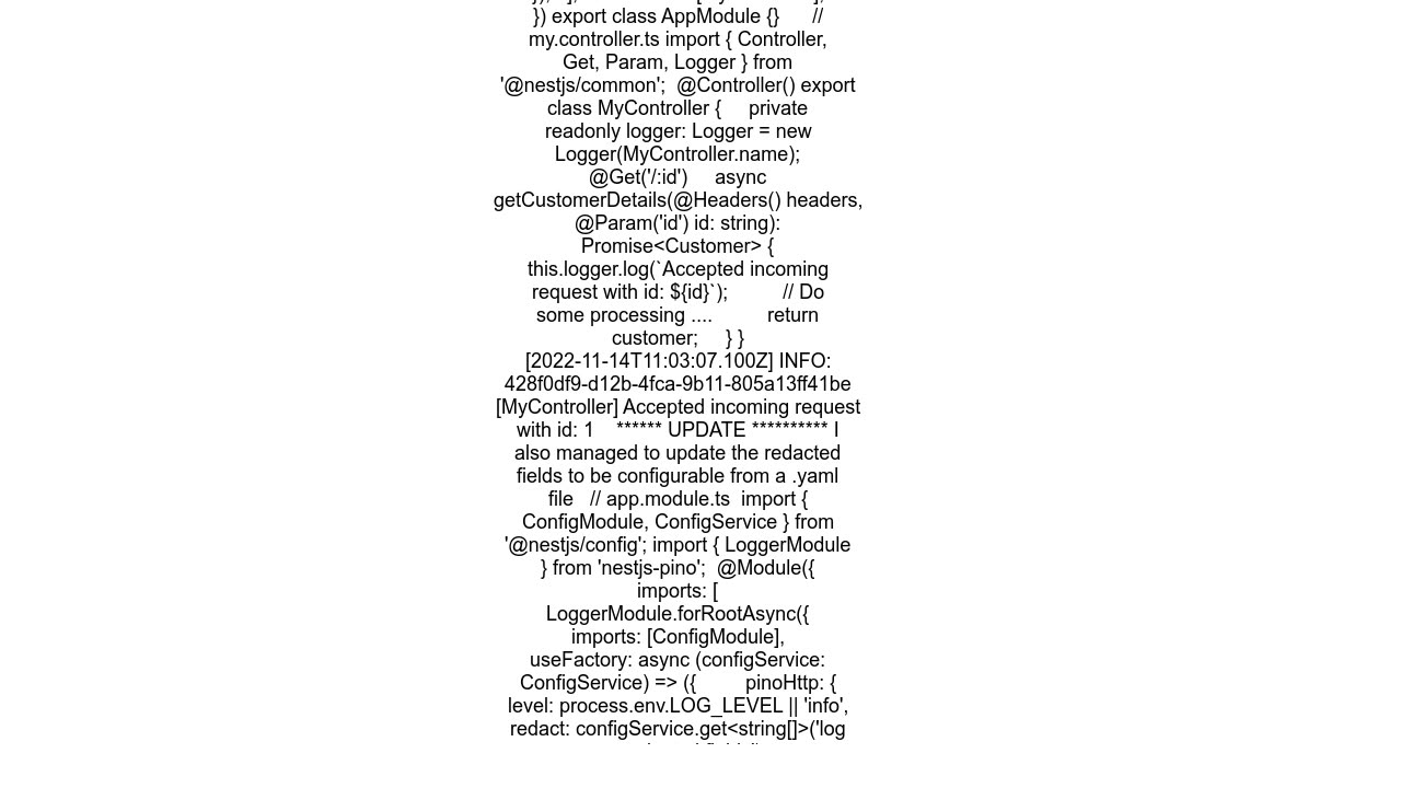 NestJS How to customise log messages to include request id and name of the file the log message occ