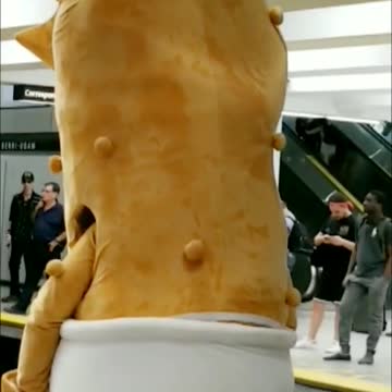 Guy dressed as a peanut in the subway