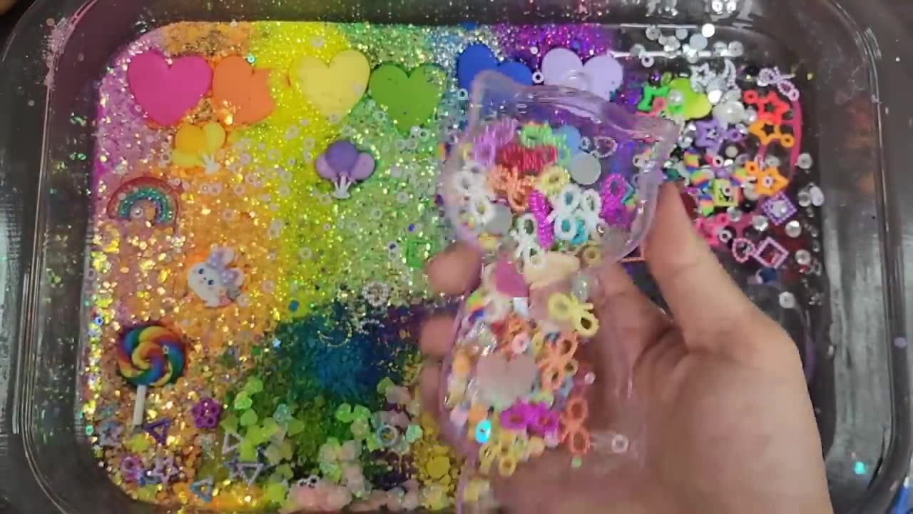 Rainbow Gabby's Dollhouse slime mixing makeup, parts, glitter into slime #ASMR#slime