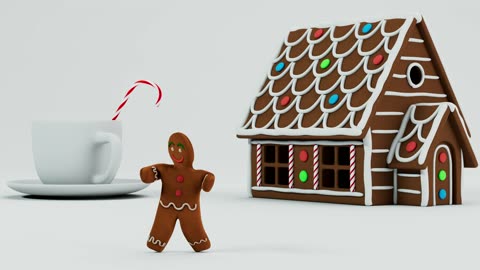 Animated gingerbread man dancing in front of a gingerbread house