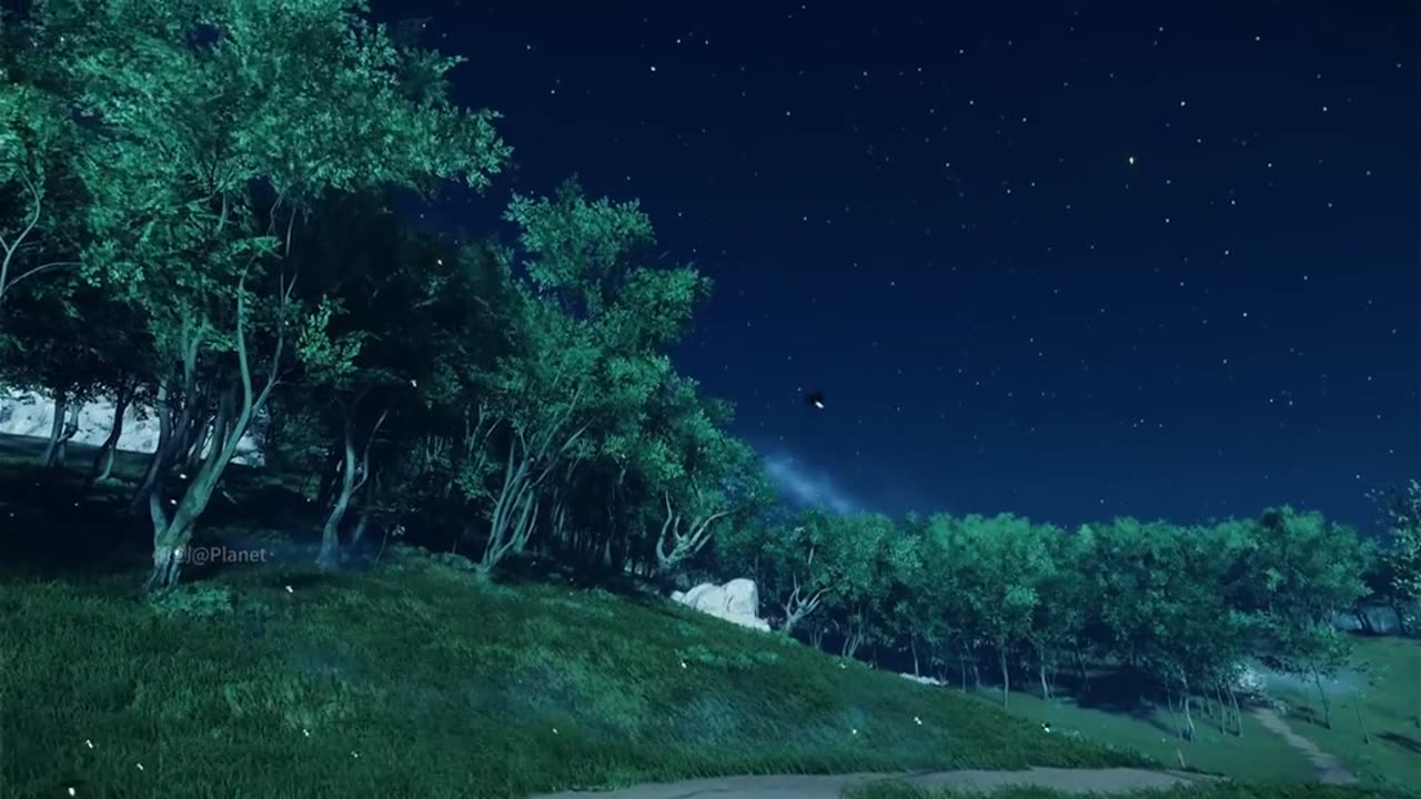 Under the starry sky, fireflies dance in the grass with the wind
