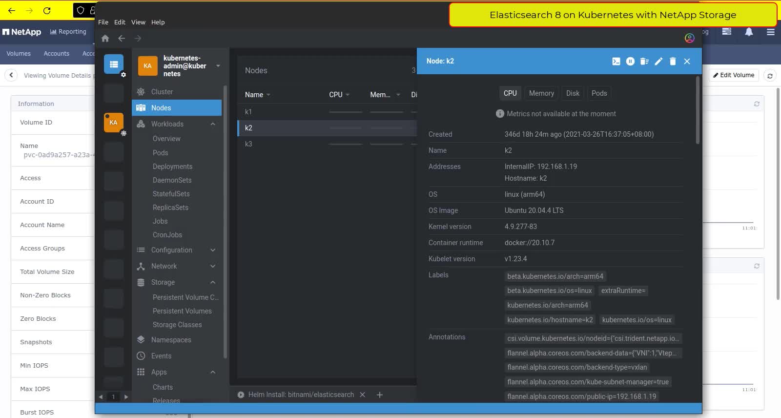 Elasticsearch 8, Kubernetes 1.23 with Trident CSI and Cinder CSI with NetApp SAN