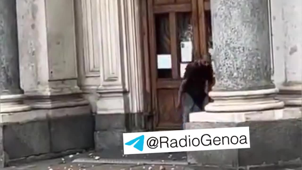 In Italy, cultural enrichment armed with stones attacks a church, destroying the door.