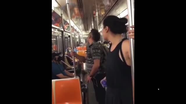 Woman (possibly from China) has had ENOUGH of leftist propaganda on train! Rips it down!