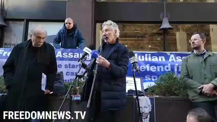 Roger Waters speaking at press conference outside British Counsulate in New York City