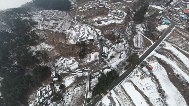 Drone video of a rural village covered with snow