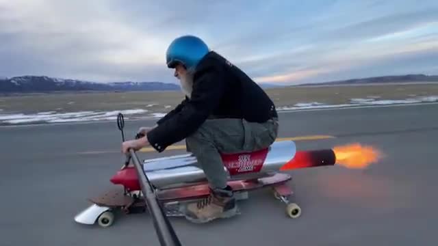 Crazy Rocket-man: ACME Jet engine Skateboard."