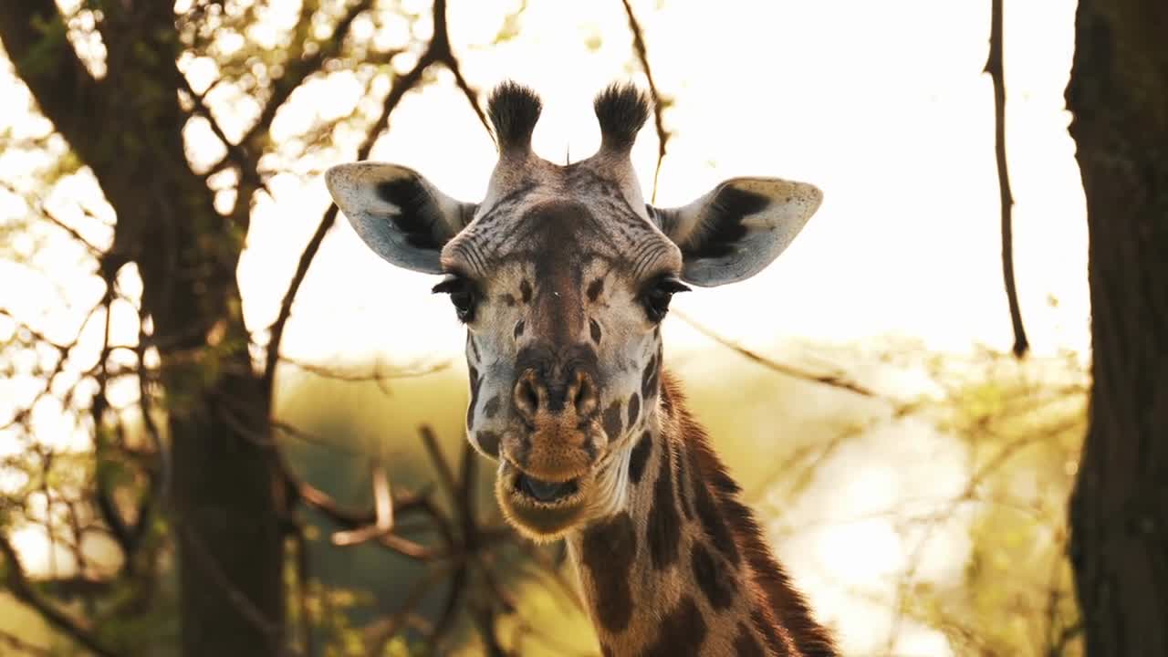 Close-up portrait of giraffes head standing and eating green leafs from tree