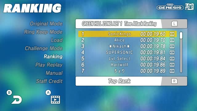 SEGA AGES Sonic 1 Green Hill Time Attack (World Record replay) 0:19.60 by SonicKings