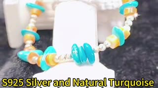 GN-20241014-05 S925 Silver and Natural Turquoise Combination red spiny oyster Bracelet Beautiful