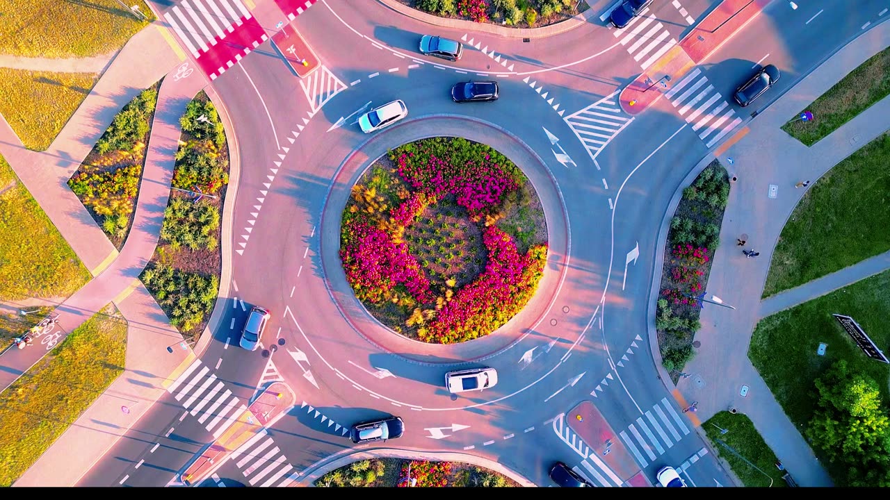 Top-down view of a roundabout with flowers in the center