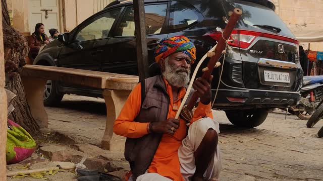 Originally tradition and folk music with violin by old man at jaisalmer Fort Rajasthan.