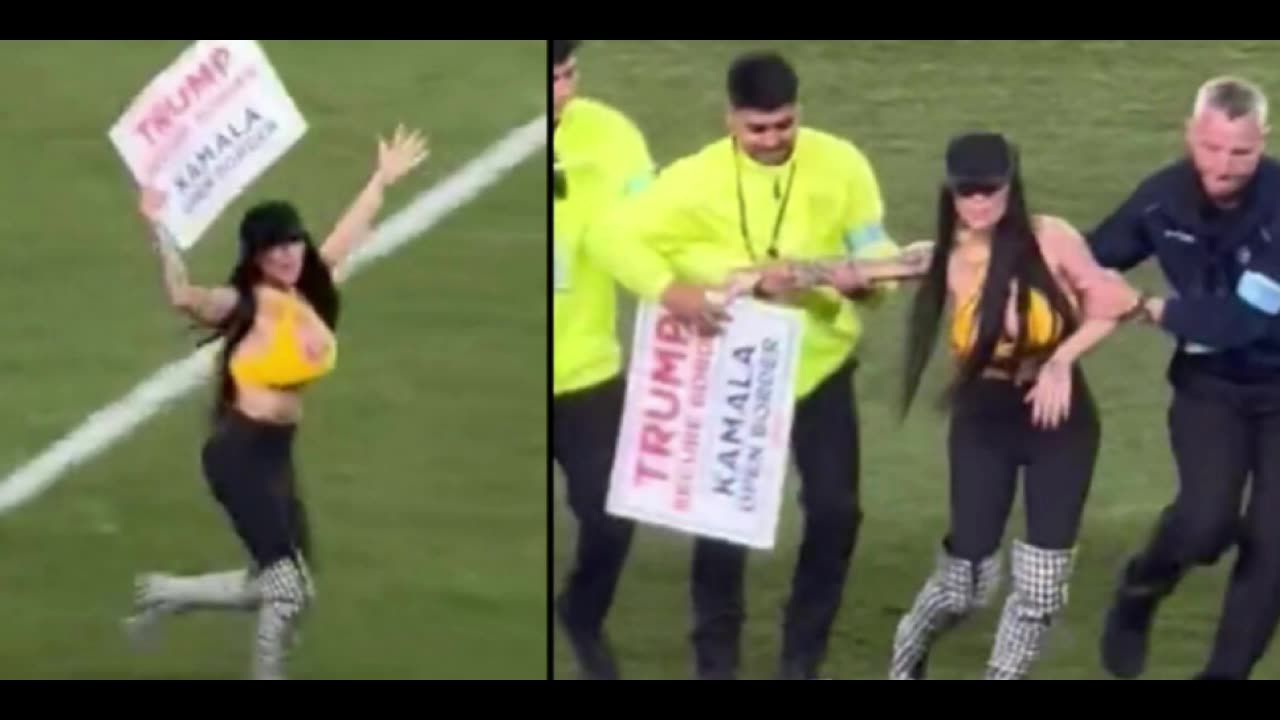 Woman Storms Field at Steelers Game With Sign That Reads “Trump Secure Border–Kamala Open Border”