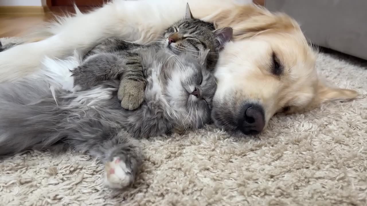 Two Adorable Cats Love Golden Retriever