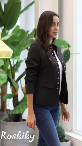 Roskiky Women Casual Solid Jacket Suit Open Front Stand Neck Buttons Work Blazer
