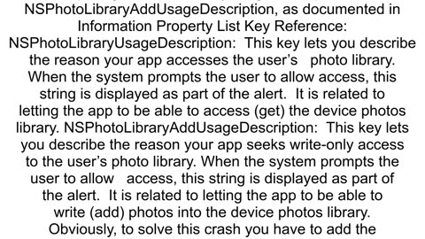 What is the crash of quotThe app39s Infoplist must contain an NSPhotoLibraryAddUsageDescriptionquot