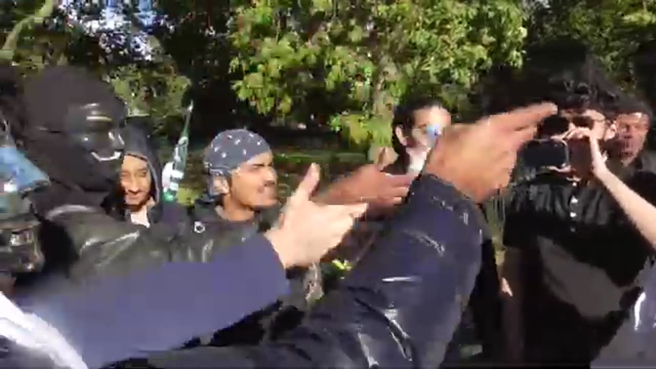 MASKED MEN AT SPEAKERS CORNER ARGUE WITH A MAN WEARING A PIG MASK