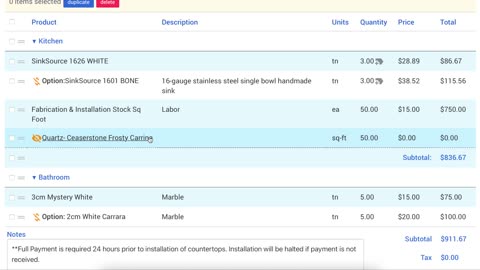 Hidden and optional estimate items