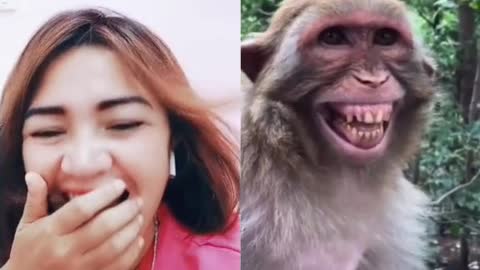 a woman and a monkey laughing together.