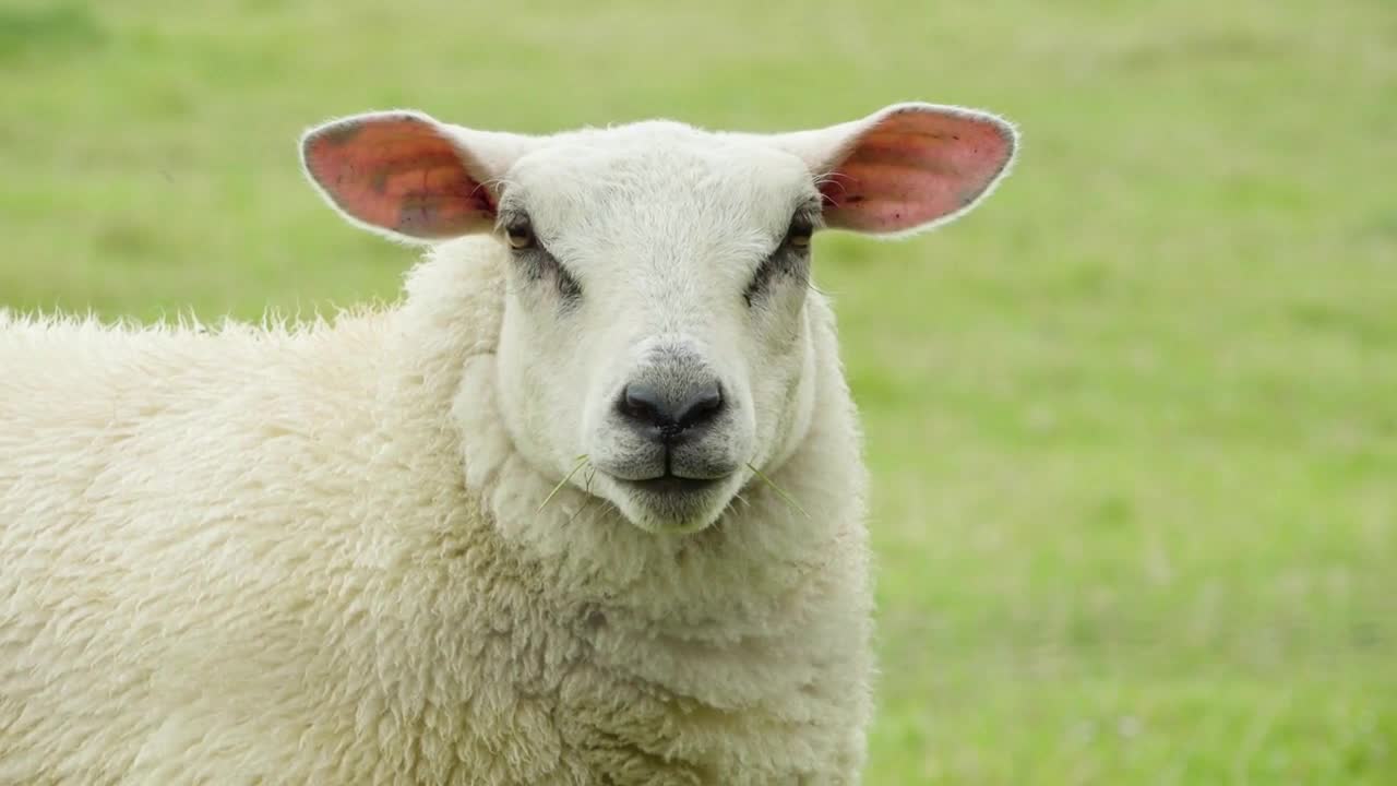 A close up view of a single sheep. Sheep looks straight into a camera