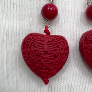 Handmade + Knotting Unique Bracelet and Earrings Set with Cinnabar Heart, Jade