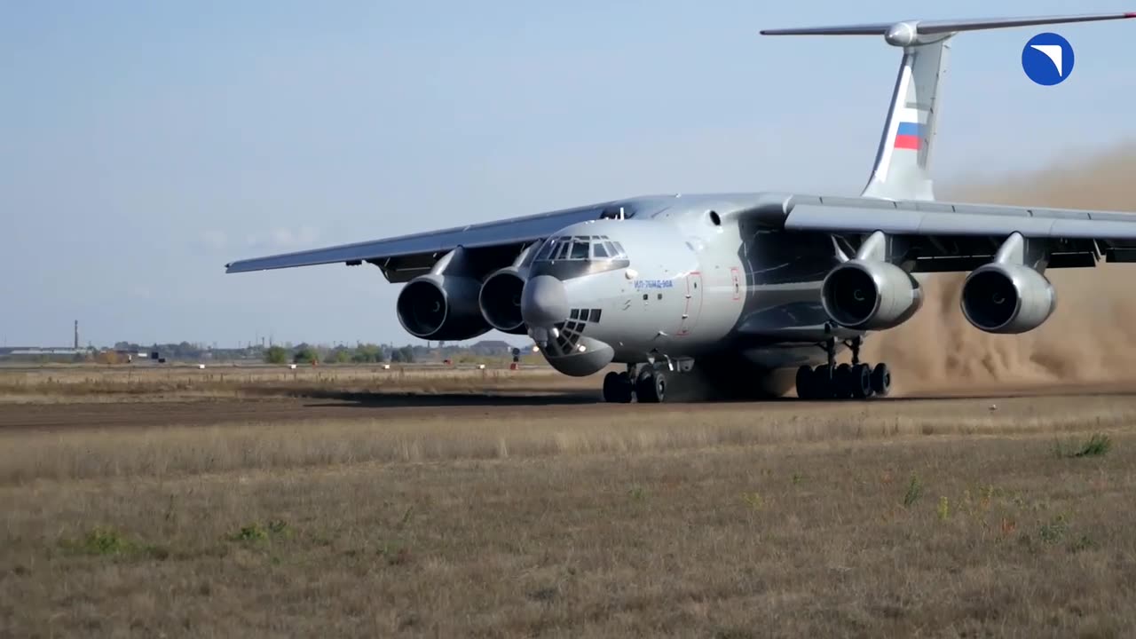 Ilyushin Il-76MD-90A transport aircraft successfully landed and then took off from a dirt runway