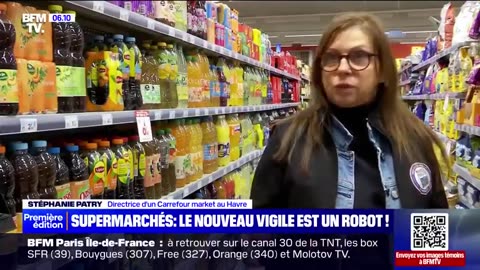 Robot guards at two supermarkets in Le Havre, France...