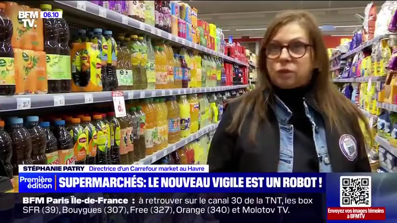 Robot guards at two supermarkets in Le Havre, France...